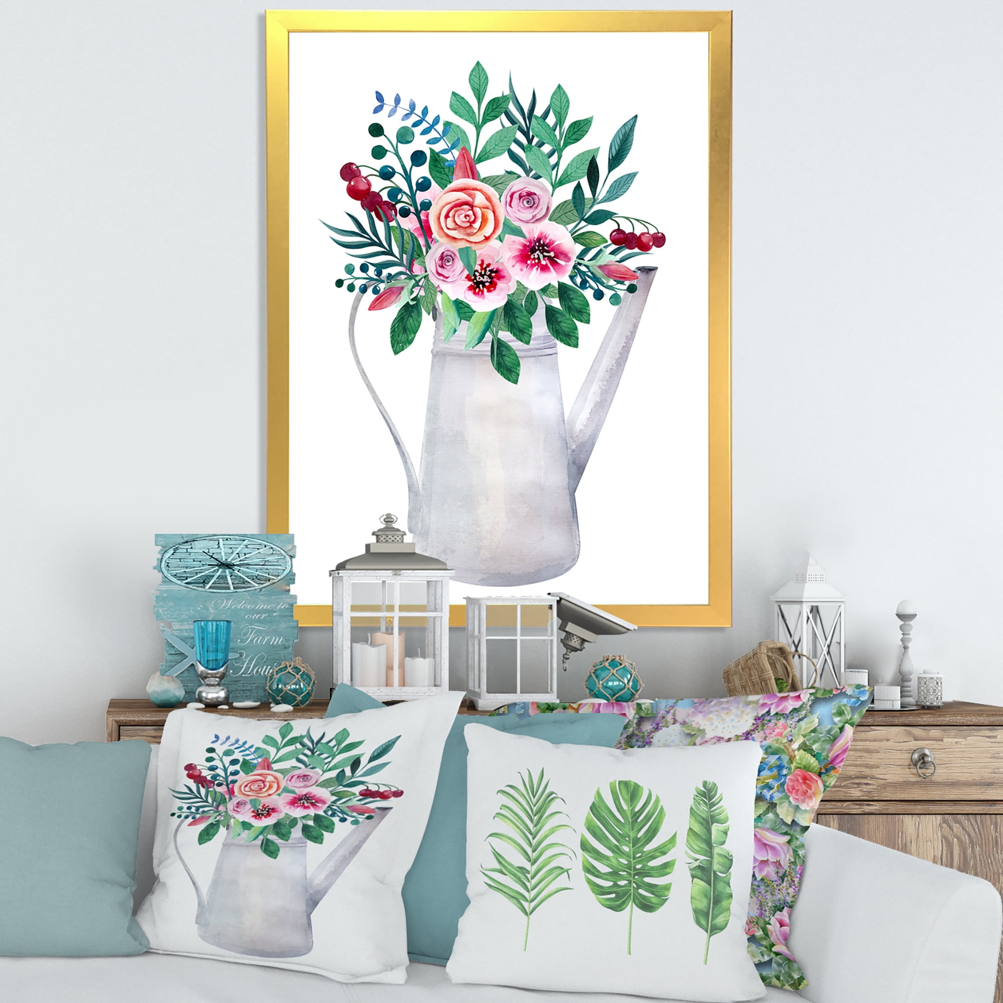 Bouquets of Flowers In Rustic Flowering Pot With Berries 20 in x 20 in Framed Painting Canvas Art Print, by Designart