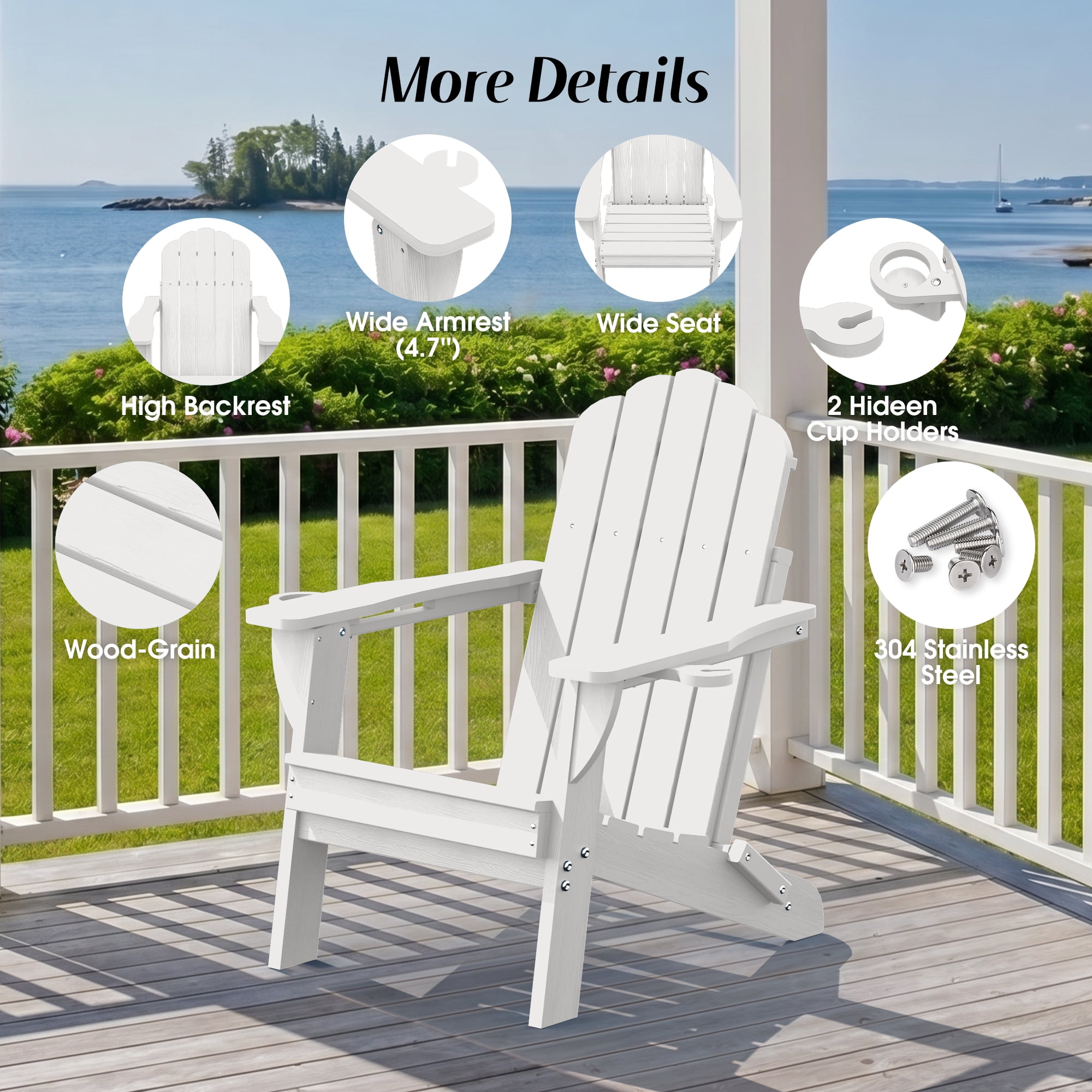 Folding Adirondack Chairs Set of 2, HDPE Plastic Fire Pit Chairs, White