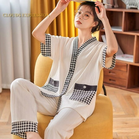 

QWZNDZGR Spring Summer Short Pijama Cartoon Print Women s Pajamas Set Kawaii Girl Nightwear Plaid Pants Sleepwear Lounge Homewear Fashion