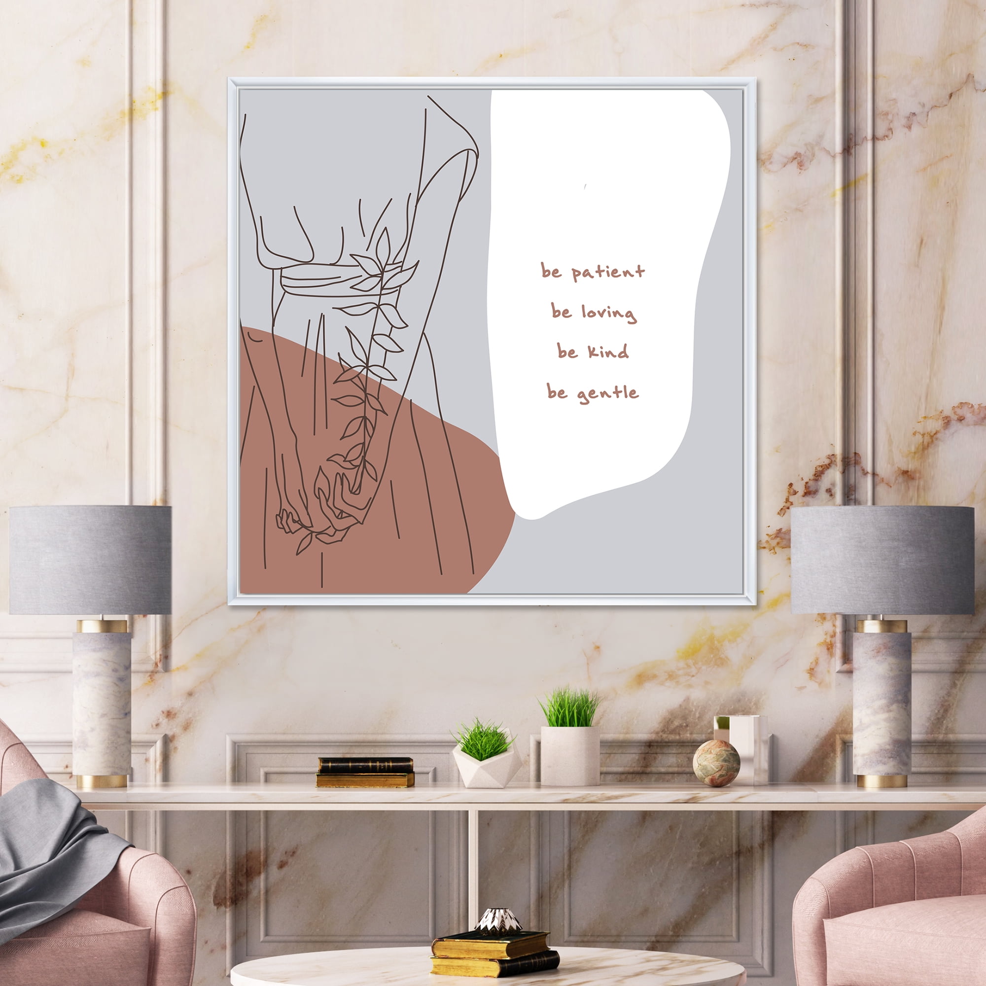 Designart 'Be Patient Be Kind Be Loving Be Patient One Line Leave' Modern Framed Canvas Wall Art Print