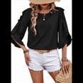 thumbnail image 3 of Top de Encaje con Cuello Redondo y Mangas Cuartos Irregulares, Negro, Talla XXL, 3 of 8