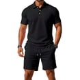 thumbnail image 2 of 2 Piece Set for Men Henley Short Sleeve Shirt and Drawstring Shorts Set Summer Solid Color Casual Loose Outfits with Pockets, 3XL, 2 of 5