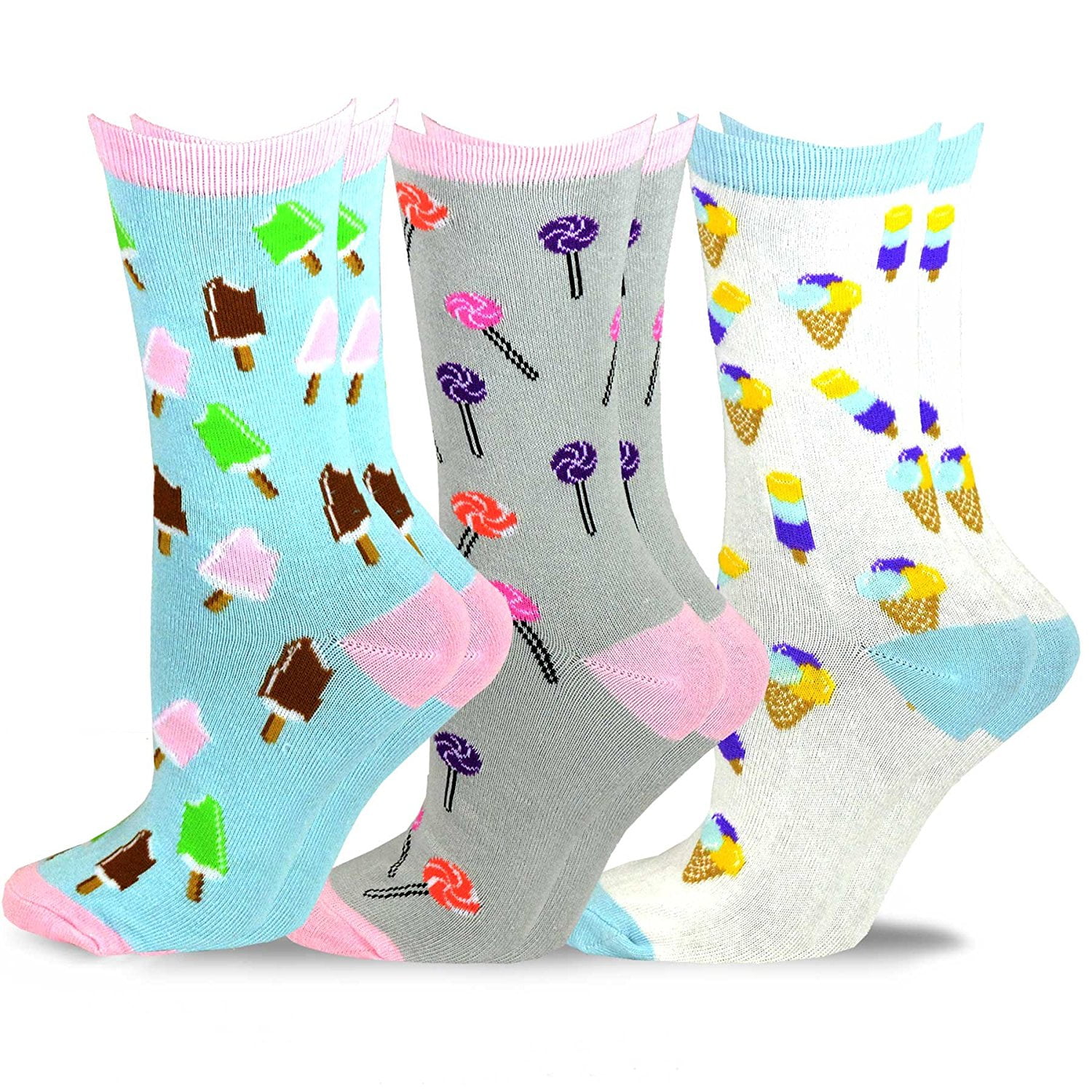 TeeHee Women's Foods Crew Socks 3Pack (Lollipop and Ice Cream