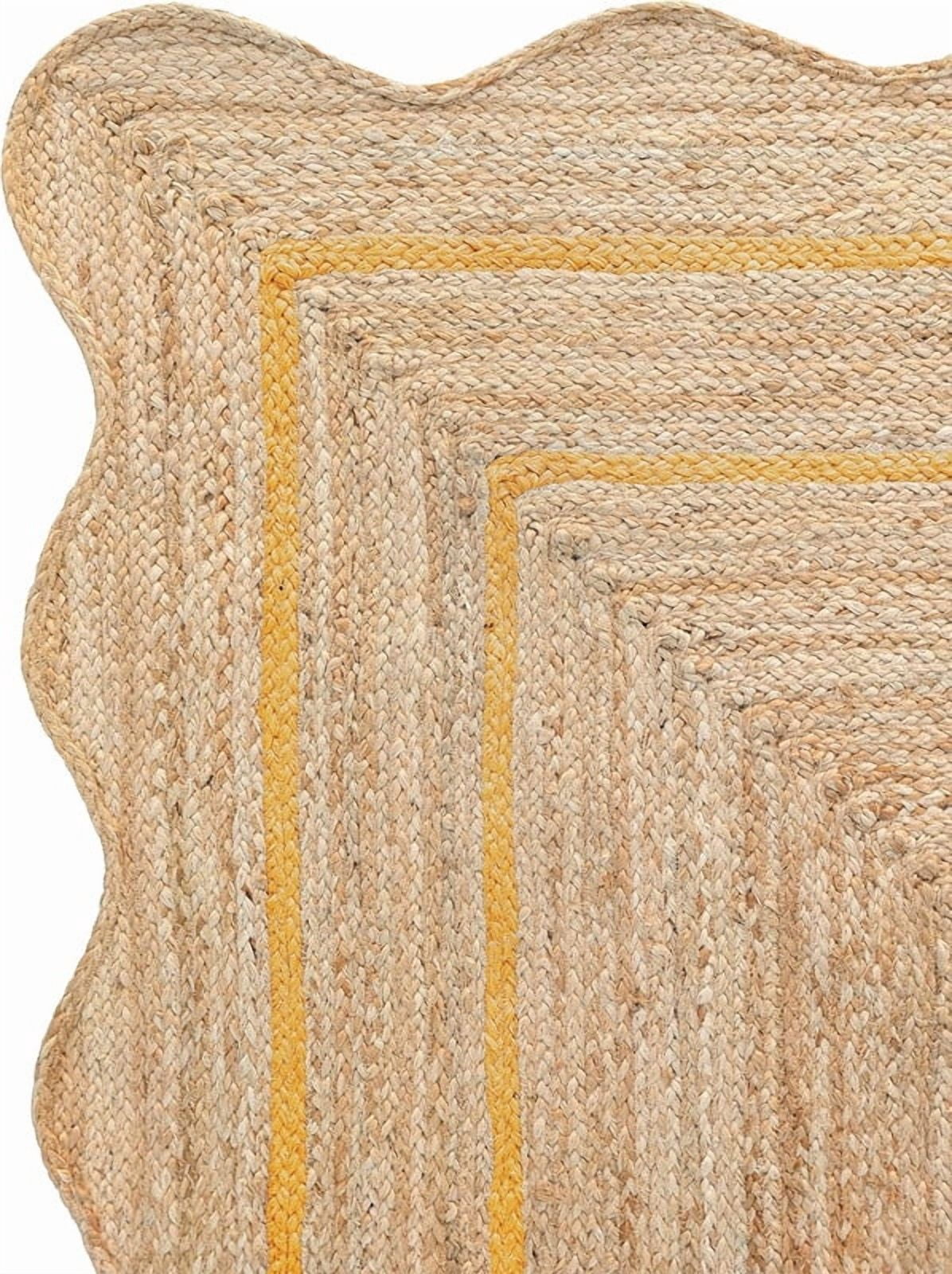 2x10 Ft Yellow Border Premium Scalloped Jute Rug, Handcrafted Natural Braided Carpet for Living Room, Bedroom, Entryway, Hallway etc.