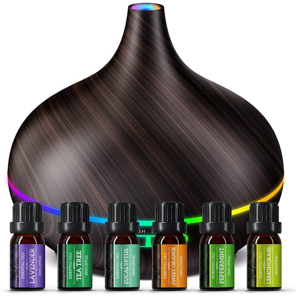 Homasy 500ml Aromatherapy Diffuser with Essential Oil Set 6x10mL, 23dB Super Quiet Essential Oil Diffuser Gift Set with 14 Color Lights 4 Timers for Home Bedroom Office