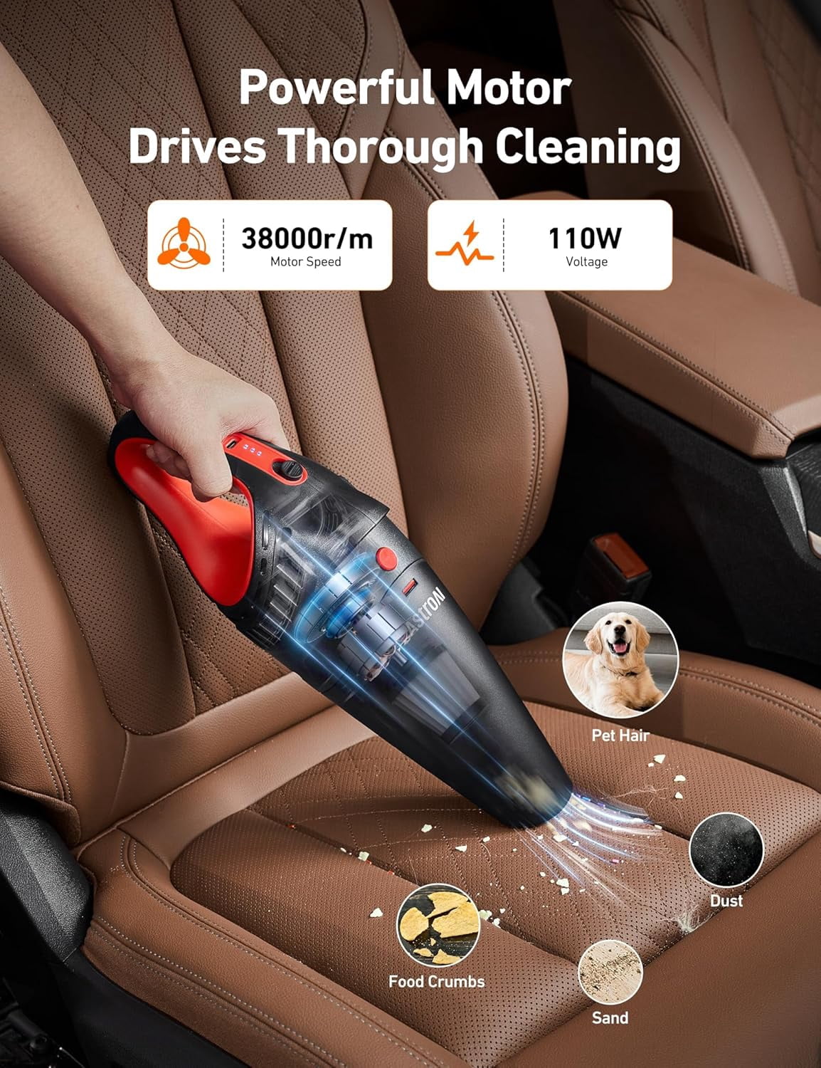 AstroAI Red Handheld Cordless Car Vacuum: 12V DC Power, LED Light & Accessories (Brush, Extended Pipe, Hose) – Portable for Car, Home, Office & Pet Hair