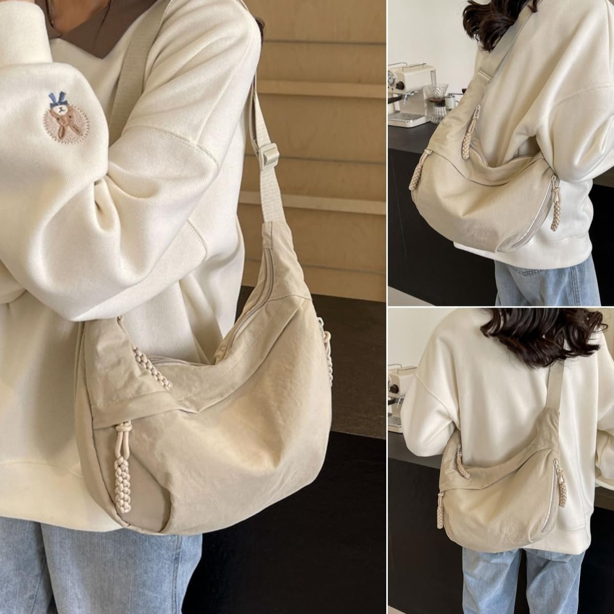 NANAHuang Nylon Crossbody Bags for Women, Trendy Medium Crescent Bag, Lightweight Woman Over Shoulder Purse with Zipper