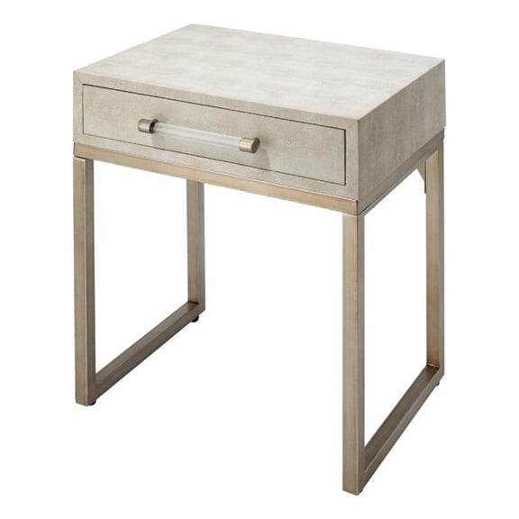 Maklaine Transitional Faux Shagreen Leather and Iron Side Table in Cream