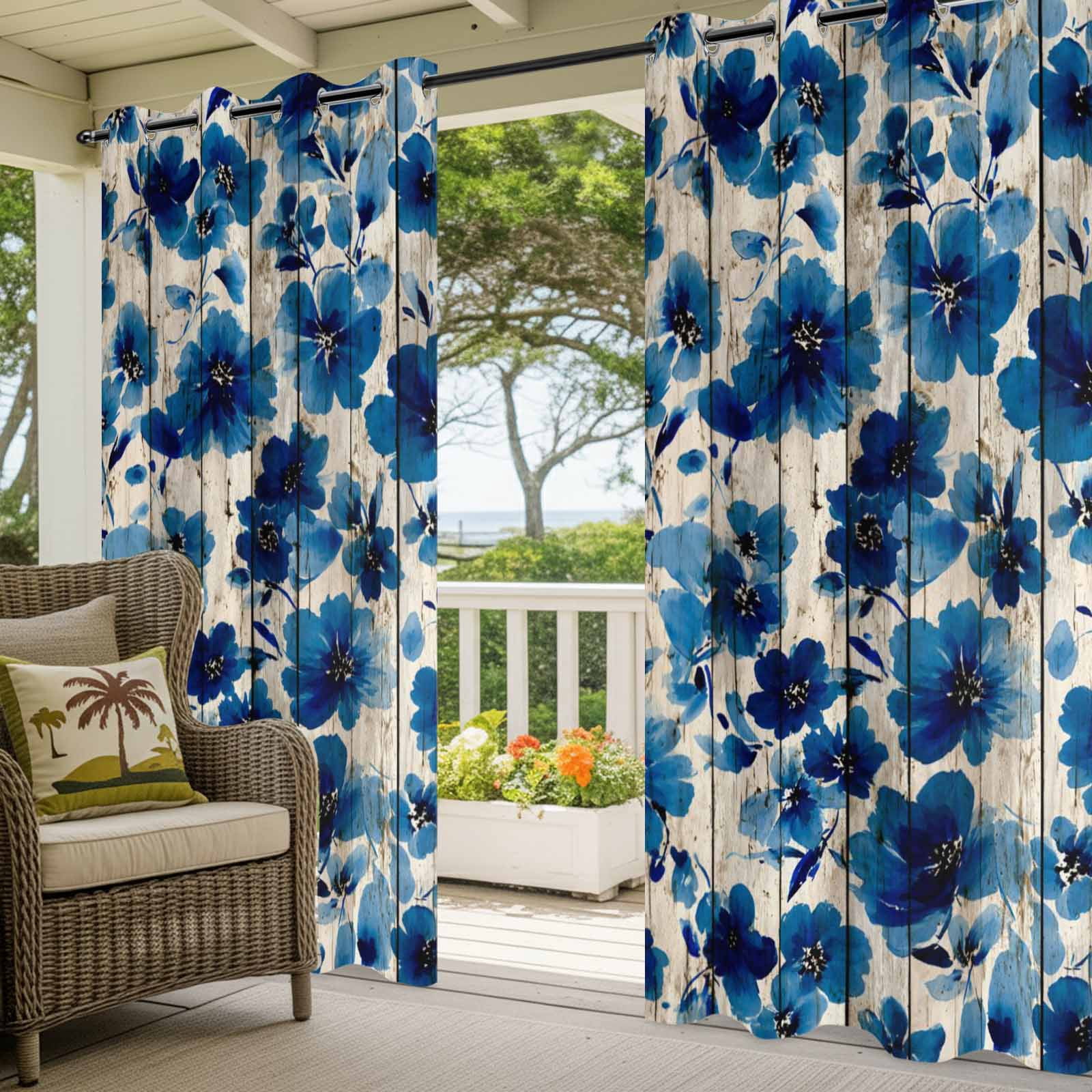 Blue Flower Outdoor Curtains for Patio, Watercolor Floral Vintage Wood Striped Country Sunshade Privacy Drapes Grommet Waterproof Outside Curtains for Porch/Cabana/Balcony 54"x 108", 1 Panel