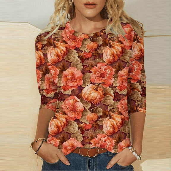 Inverlee Thanksgiving Shirts Women Plus Size Turkey Pumpkin Graphic Tees Comfy 3/4 Sleeve Work T-shirts Crewneck Tunic Blouse Tops