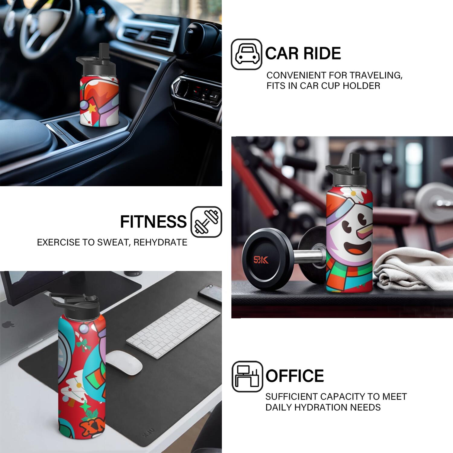 Christmas 18 oz Insulated Stainless Steel Water Bottle with Straw & Cleaning Brush , Leakproof, BPA-Free, 304 Stainless Steel, Wide Mouth, Travel Mug for Car, Gym, Office