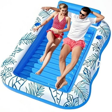 COWIN 85"×63" Inflatable Tanning Pool Lounger Float, Summer Maple Leaf Water Inflatable Floating Bed with Backrest, Leisure Floating Raft, Water Lounge Floaties Tub with Drink Holder, Blue