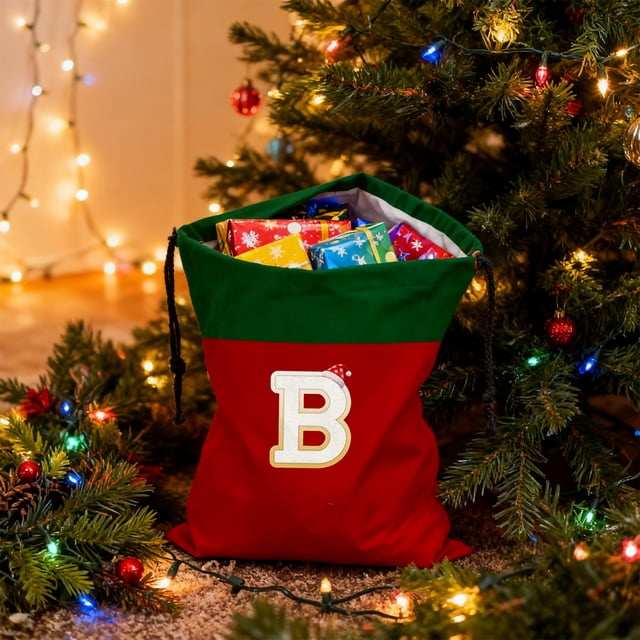 Christmas Gift Bag 26 Letters Red Drawstring Polyester Tote 12X15 Inch Holiday Storage Pouch | Reusable Xmas Candy Sack Decorative Gift Wrap Bag for Presents or Tree Ornament