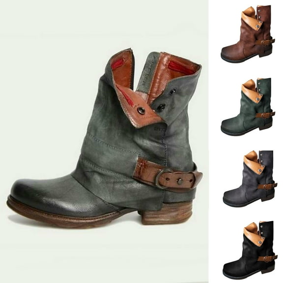 Fesfesfes Faux-Leather Boots for Women Winter Warm Cowgirls Boots Cuffed Shoes Belt Buckle Side Zipper Low Heel Boots 6.5(38)