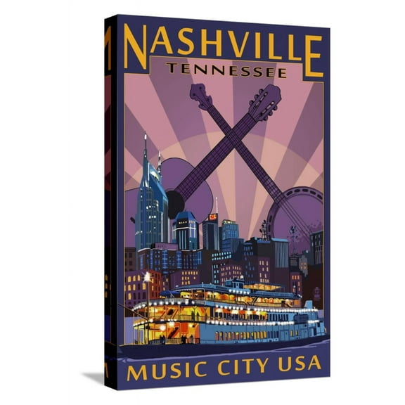 Art.com Nashville, Tennessee - Skyline at Night Stretched Canvas Print Wall Art by Lantern Press, 12" x 18"