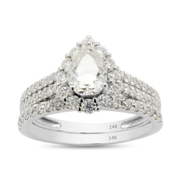 1 1/5 ct Round & Pear Diamond Lab Grown Created Halo Two Row Wedding Bridal Ring Set In 14K White Gold (1.20 cttw, G-H/VVS1) Jewelry Gift For Women EGL Certified Ring Size - 4
