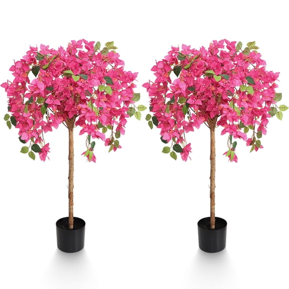 Set of 2 | 47" Tall Lifelike Pink Bougainvillea Artificial Silk Floral Tree in Pot