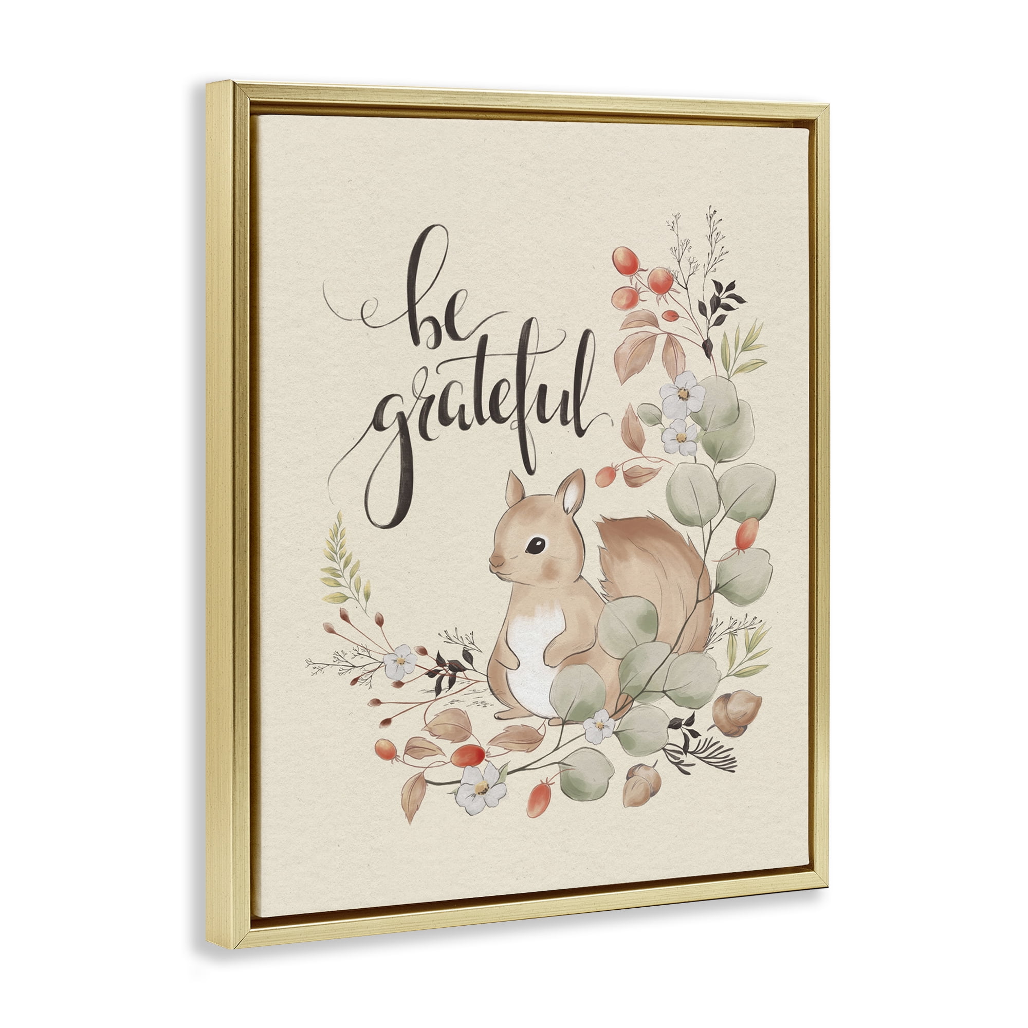 Stupell Industries Be Grateful Squirrel Animals Painting Gold Floater Framed Canvas Art Print Wall Art, 25 x 31