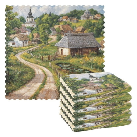 

6 Pieces of Kitchen Towels 11x11Inch Kitchen Dish Cloths Kitchen Dish Towels Reuseable Cleaning Cloths Cartoon Village