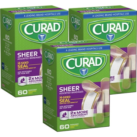 Curad Sheer Bandages, Assorted Sizes, 3 Packs of 60, 180 Bandages Total