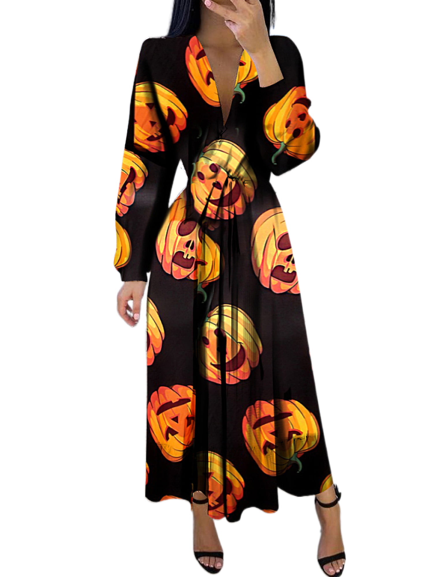 Womens Dresses Halloween Costume Party Ball Gown V Neck Long Sleeve Pumpkin Printed Big Swing Prom Dress