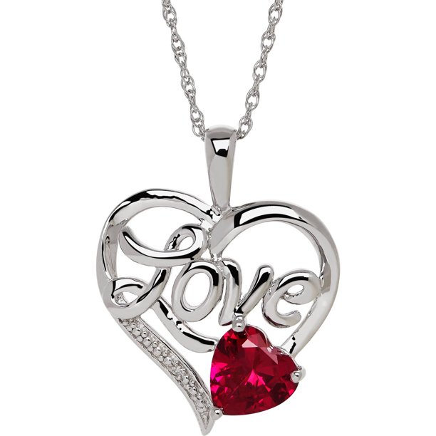 Created Ruby "Love" Heart Pendant in Sterling Silver, 18" Necklace