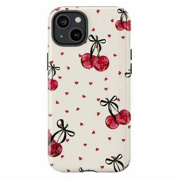 Cute Cherry Heart Phone Case, Girly Aesthetic Fruit Design iPhone Cover with Bow Pattern for iPhone 17 16 15 14 13 12 11 Pro Plus Mini