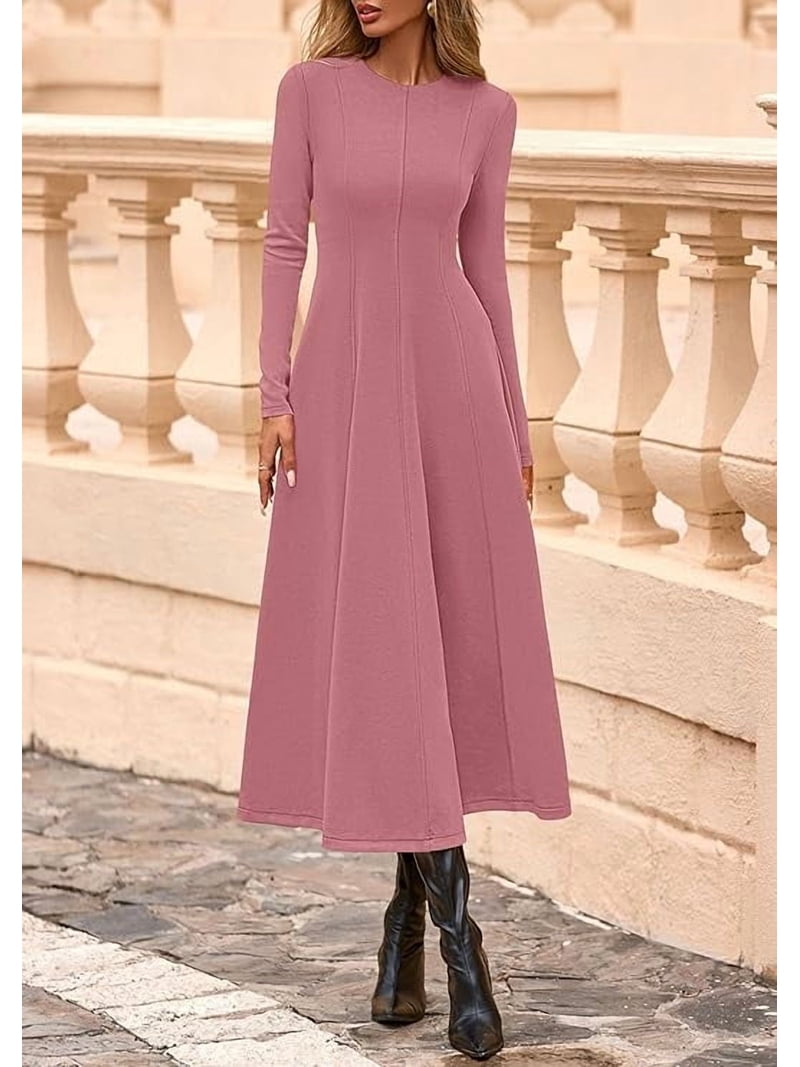 Prettygarden Women's Fall Long Sleeve Midi Dress Casual Elegant Ruffle Flowy A Line Swing Cocktail Party Dresse, Size: 2XL, Pink