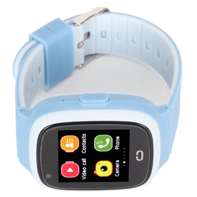 relojes inteligentes para niños 4g wifi reloj de teléfono para niños ip67 pantalla táctil a prueba de agua multifuncional smartwatch soporte lbs posicionamiento llamada sos Reloj inteligente para niños, vista frontal centrada; correa de silicona azul claro y caja blanca con pantalla táctil a color HD de 1.4" (240x240) que muestra iconos de video llamada, contactos, teléfono y cámara, botón físico superior y cierre de pasador metálico. Especificado con conectividad 4G/WIFI, posicionamiento LBS y función SOS de un toque, adecuado para llamadas de voz y videollamadas.