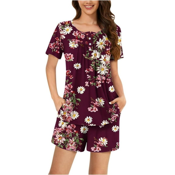 Bxsruta Pajamas Set for Women, Women's Printed Round Neck Short Sleeve Top and Shorts Lounge Set, Soft Polyester Home Wear, Casual Daily Pajama Outfit