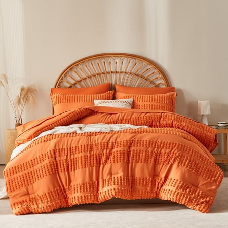 Davulos Tufted Comforter Set 7 Pieces Bed in a Bag King Size Shabby Chic Boho Comforter and Sheet Set with Pom Pom Textured Complete Bedding Set (Orange,King)