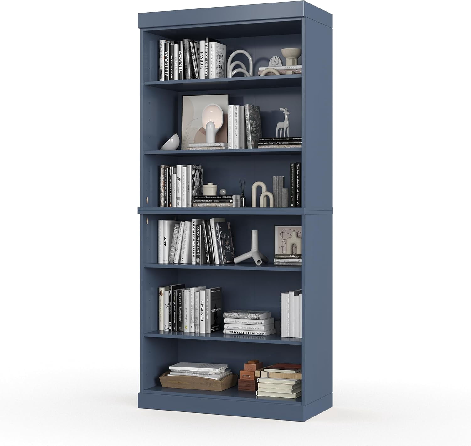 Solid Wood Bookcase - Stackable Modular 6 Tier Bookshelf - 71.5" Tall x 32" Wide - Antique Blue Book Shelf w/ Adjustable Shelves, Open Display Book Case for Living Room, 100% Eco-Friendly Wood