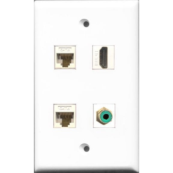RiteAV 1 Port HDMI and 1 Port RCA Green 2 Port Cat6 Ethernet White Wall Plate