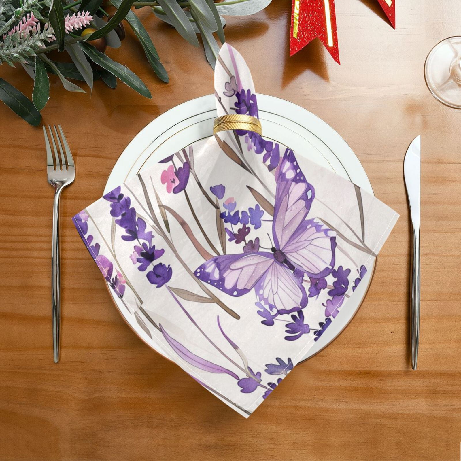 JSTEL Lavender Flower Butterfly Cloth Napkins Set of 6, 20x20 Inch Washable and Reusable Napkin for Decoupage Dinner Party Everyday Use
