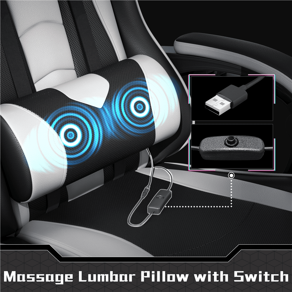 Alden Design Ergonomic High Back Gaming Chair with Massage Lumbar Pillow, Black/White
