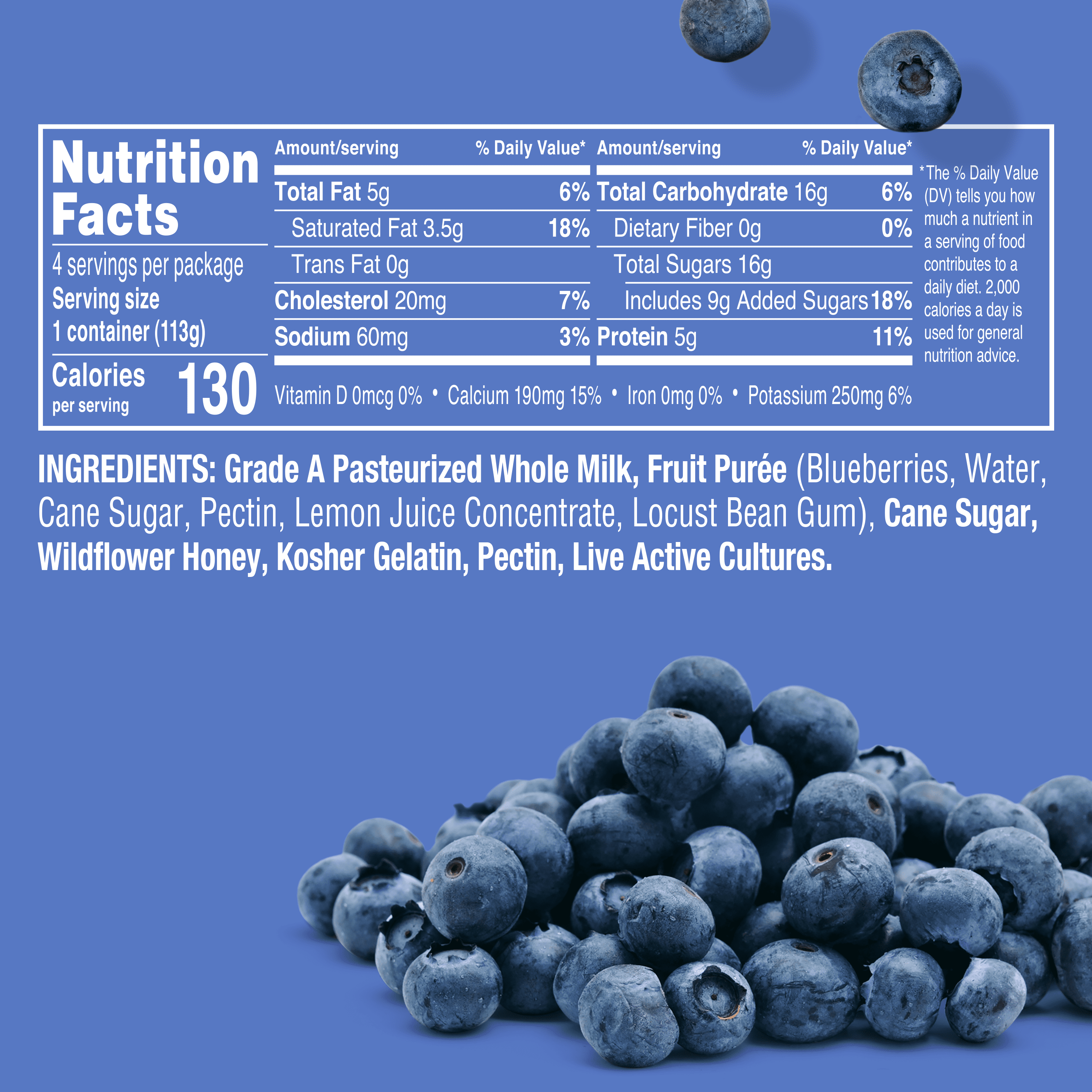 Noosa Yoghurt, Whole Milk Yogurt, Velvety Smooth & Creamy, Blueberry, 4 oz, Pack of 4