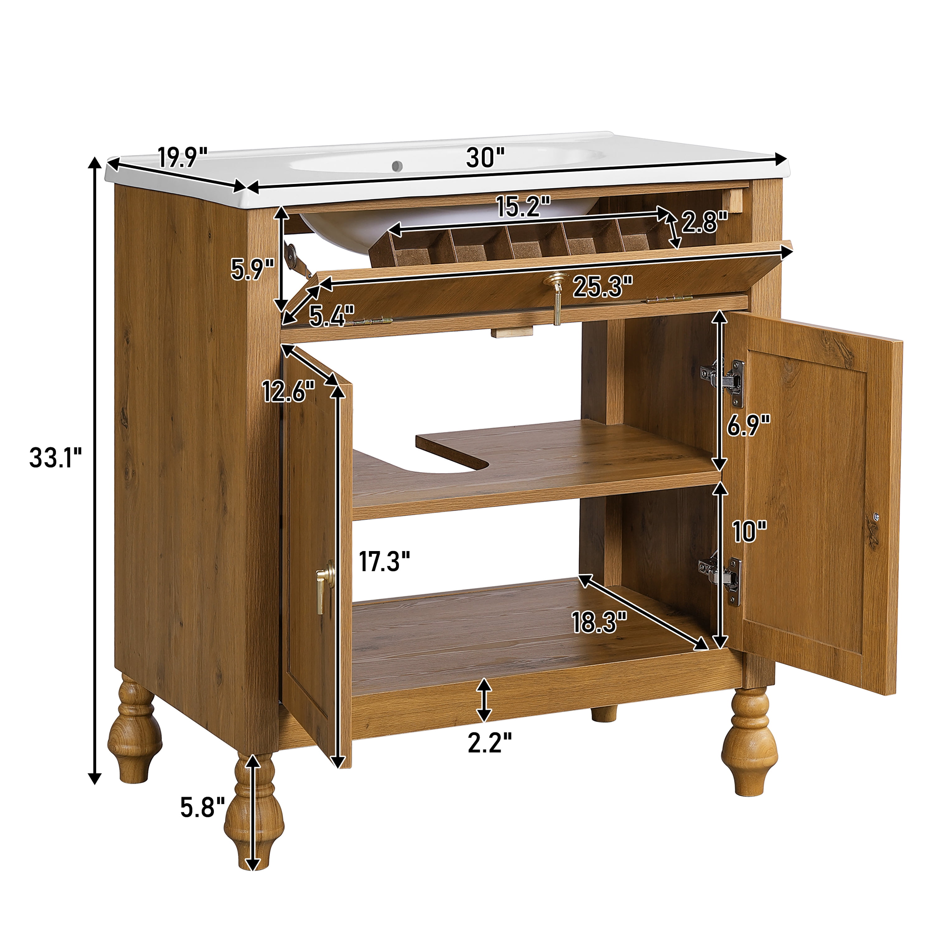 30-Inch Walnut Bathroom Vanity: Seashell Resin Sink, Flip-Up Storage & Soft-Close Doors