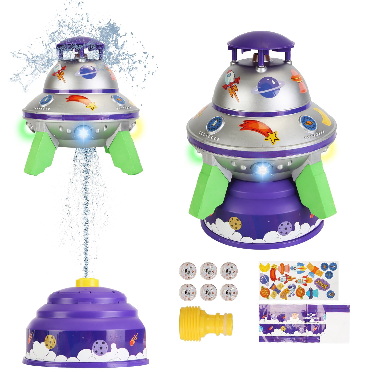 Outdoor Summer  Water Sprinkler With Colorful LED Lights, 360° Spinning  Rocket Toy, 1.64FT To 6.56FT Adjustable Height