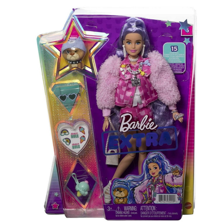 Barbie Extra Fashion Doll with Periwinkle Hair in Denim Jacket Shorts with Accessories Pet