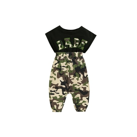 

Listenwind Toddler Baby Girls Short Sleeve Jumpsuits Letter Patchwork Camouflage/Leopard Print Romper Overalls 0-24M