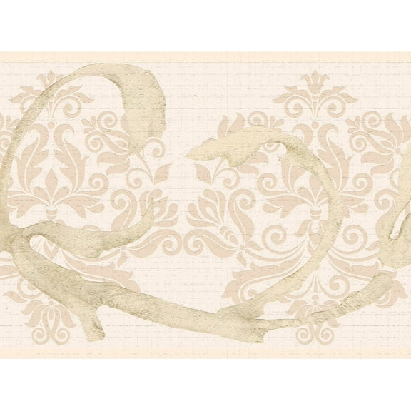 Dundee Deco's Peel and Stick Wallpaper Border - Damask Cream Scrolls Wall Border Retro Design, 15 ft x 7 in, Self Adhesive