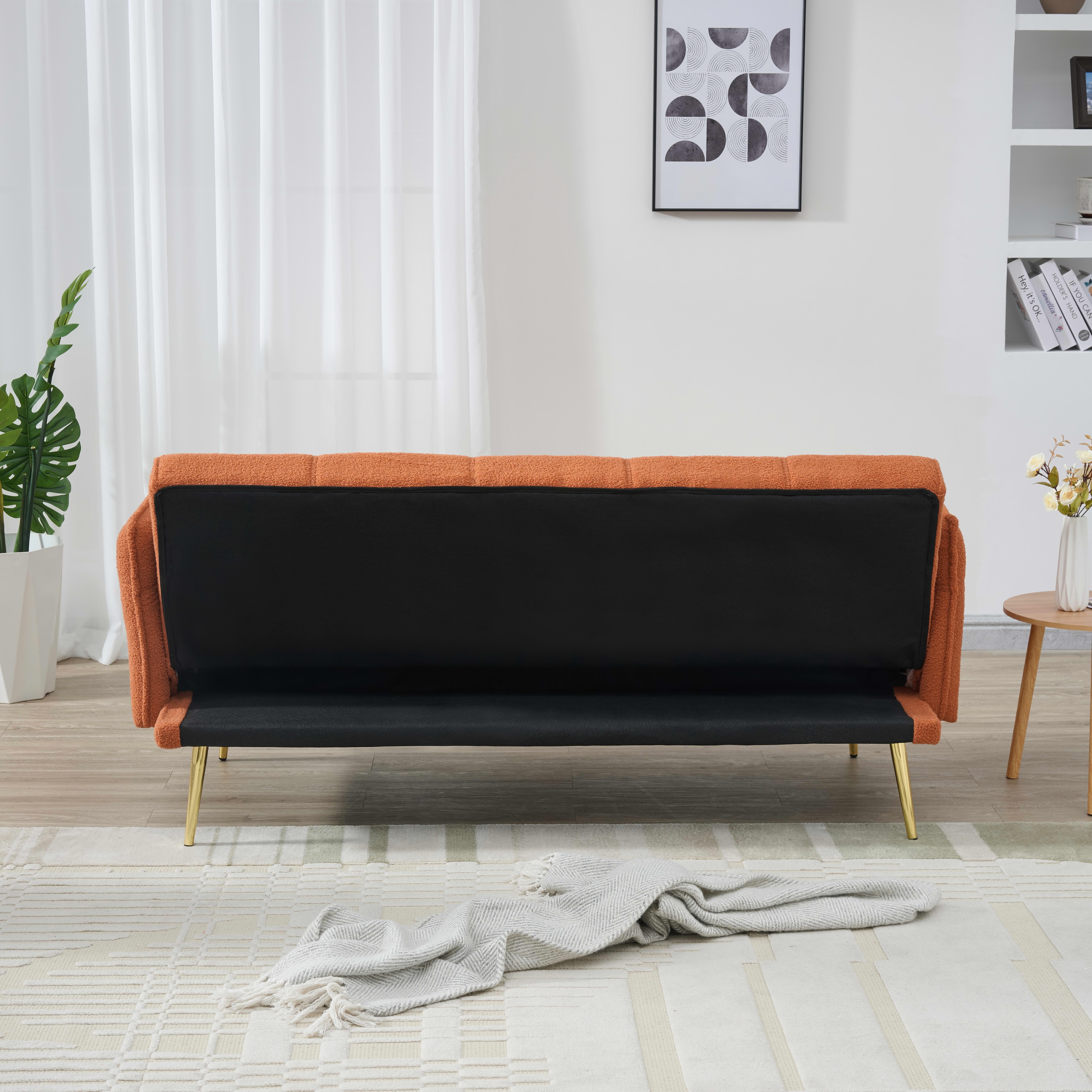 MAYEERTY 70" Orange Teddy Fleece Convertible Futon Sofa Bed, Adjustable Back Wood Frame Couch for Living Room Apartment