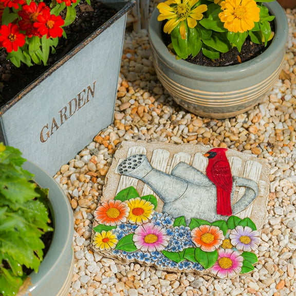 Evergreen 10" Garden Stone, Cardinal and Watering Can in Florals