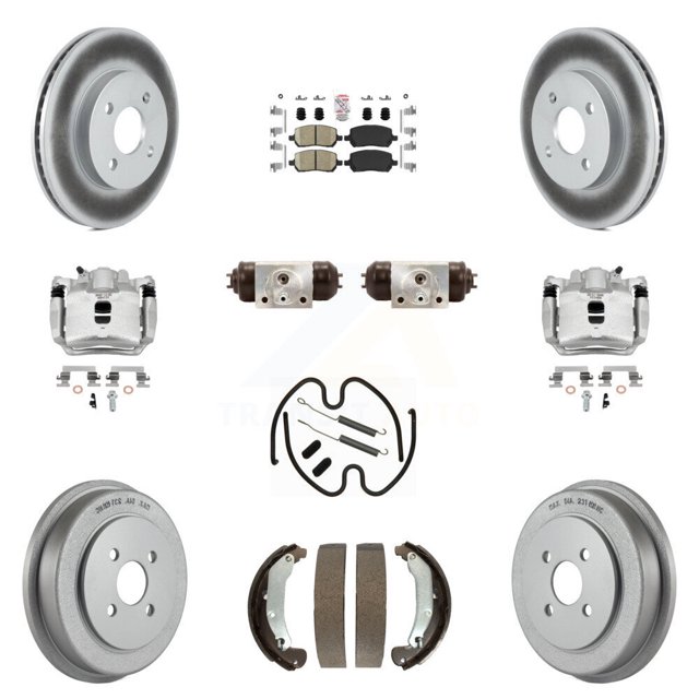 Transit Auto Front Rear Disc Brake Caliper Coated Rotors Drums Ceramic Pads Shoes Wheel Cylinders and Hardware Kit (11Pc) for Car Saturn Ion Chevrolet Cobalt Pontiac Pursuit KCG-101258N