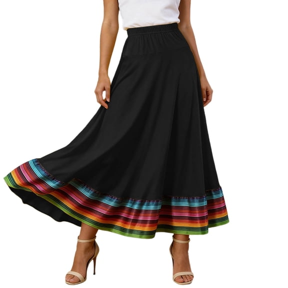 Womens Maxi Skirts Elastic Waist Flowy Bohemian Color Block Summer Casual Black L