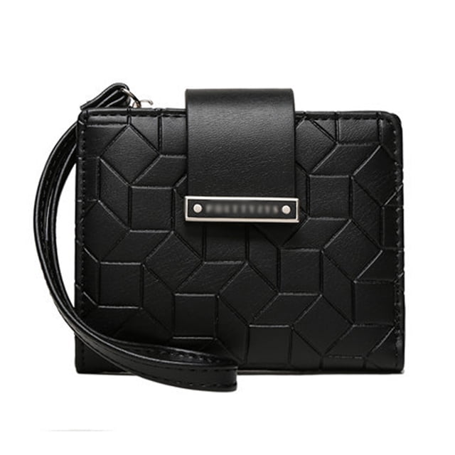 Monedero de mujer de moda con hebilla de patrón de lichi, clip para billetes, tarjetero de gran capacidad, color negro