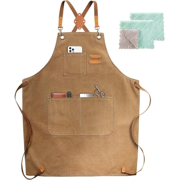 Chef Apron, Cotton Canvas Cross Back Garden Apron with Pockets for Women and Men, Adjustable Strap and Large Pockets Apron, Kitchen Cooking Baking Bib Apron