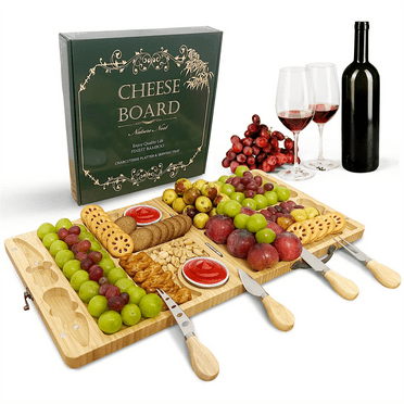 NatreNest Bamboo Cheese Board Set, Portable Travel Design, 22.83” x 11.42”, 4 Cheese Knives, 2 Bowls