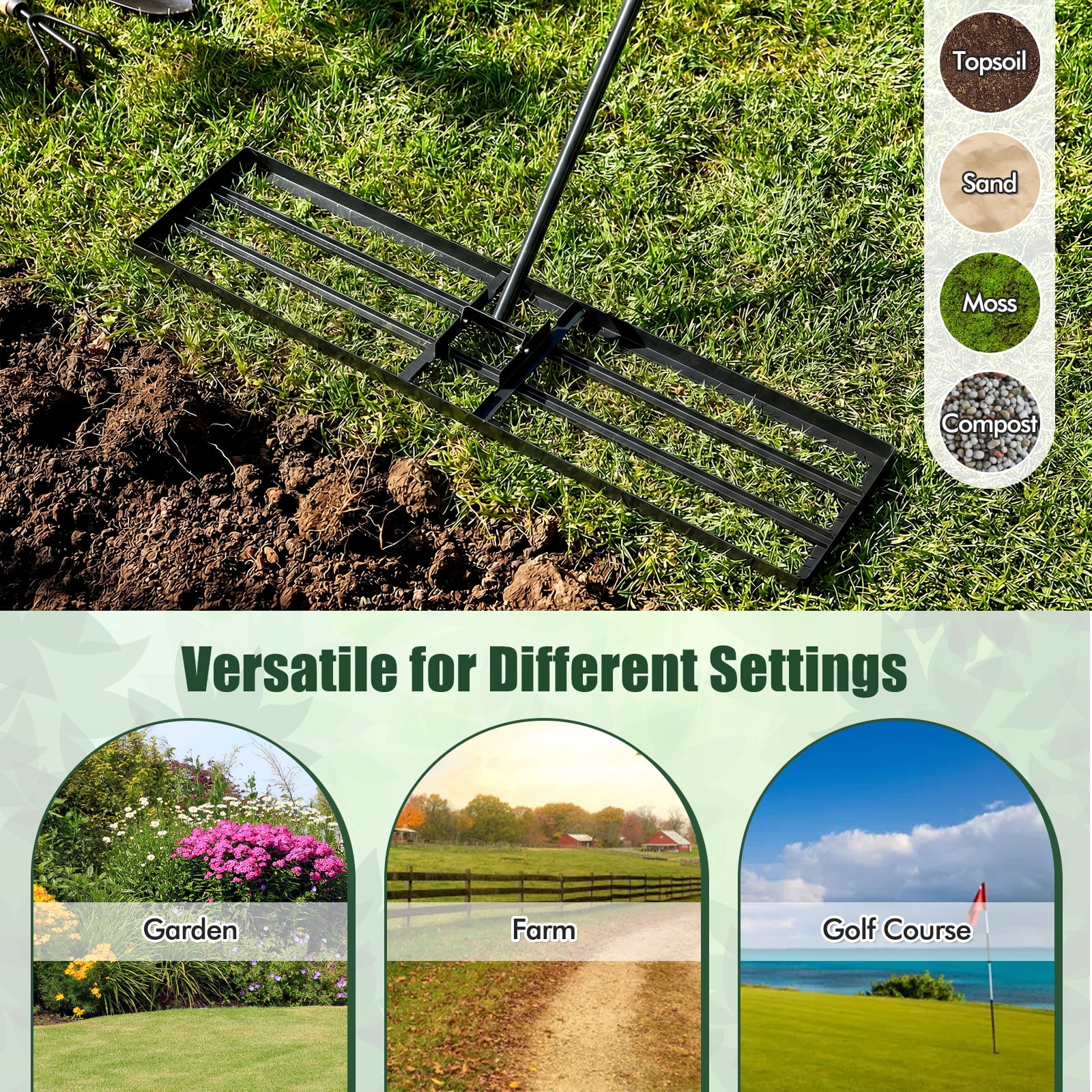 Costway Lawn Leveling Rake 42" x 10" Heavy Duty Level Lawn Tool for Garden Backyard/Lawn Black