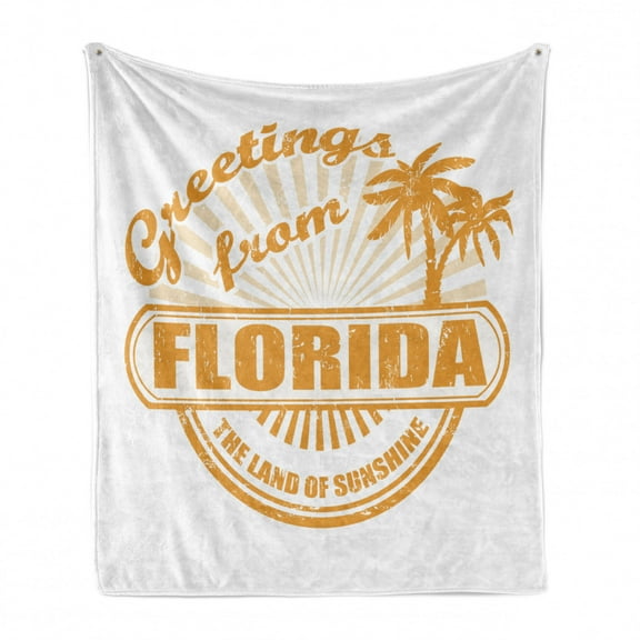 Florida Soft Flannel Fleece Blanket, Old Style Rubber Stamp Design with Weathered Look the Land of Sunshine, Cozy Plush for Indoor and Outdoor Use, 60" x 80", Earth Yellow and White, by Ambesonne